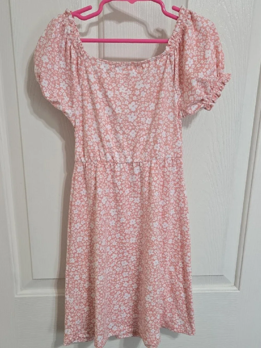 Girls' Floral Puff-Sleeve Casual Dress in Soft Pink